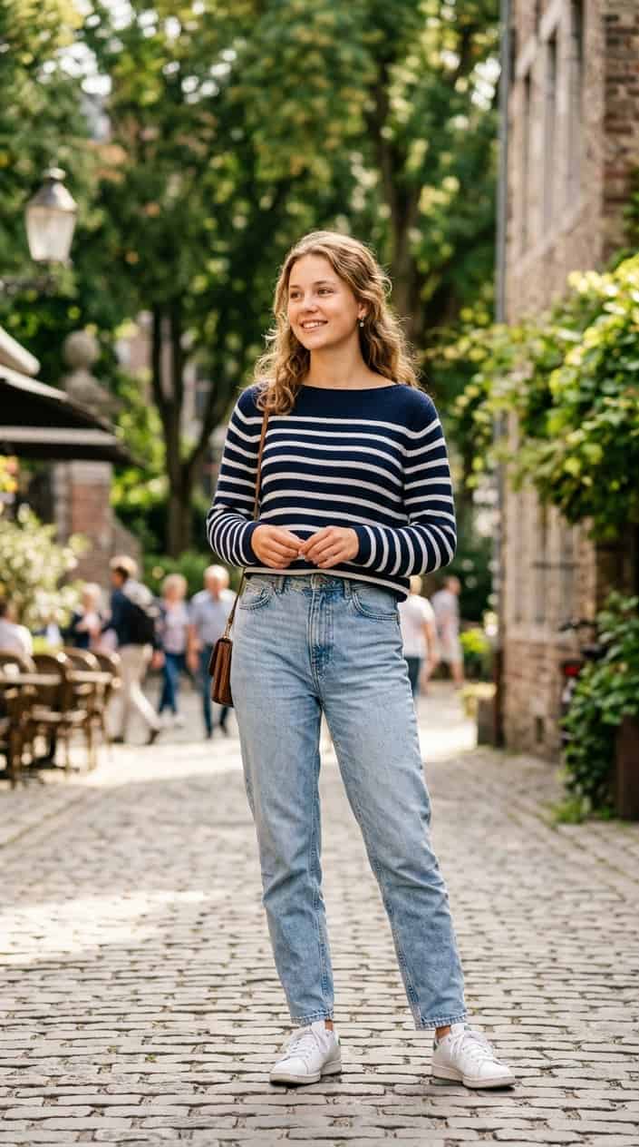 22 Teen Girl Summer Outfits for the Year She Suddenly Cares What She Wears 7 Teenage girl standing outdoors wearing a striped sweater and high-waisted jeans on a sunny day.