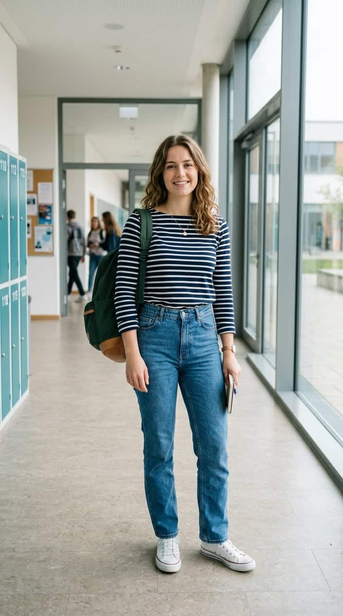 A person standing in a school hallway wearing a navy-and-cream striped Breton tee tucked into high-rise straight jeans.