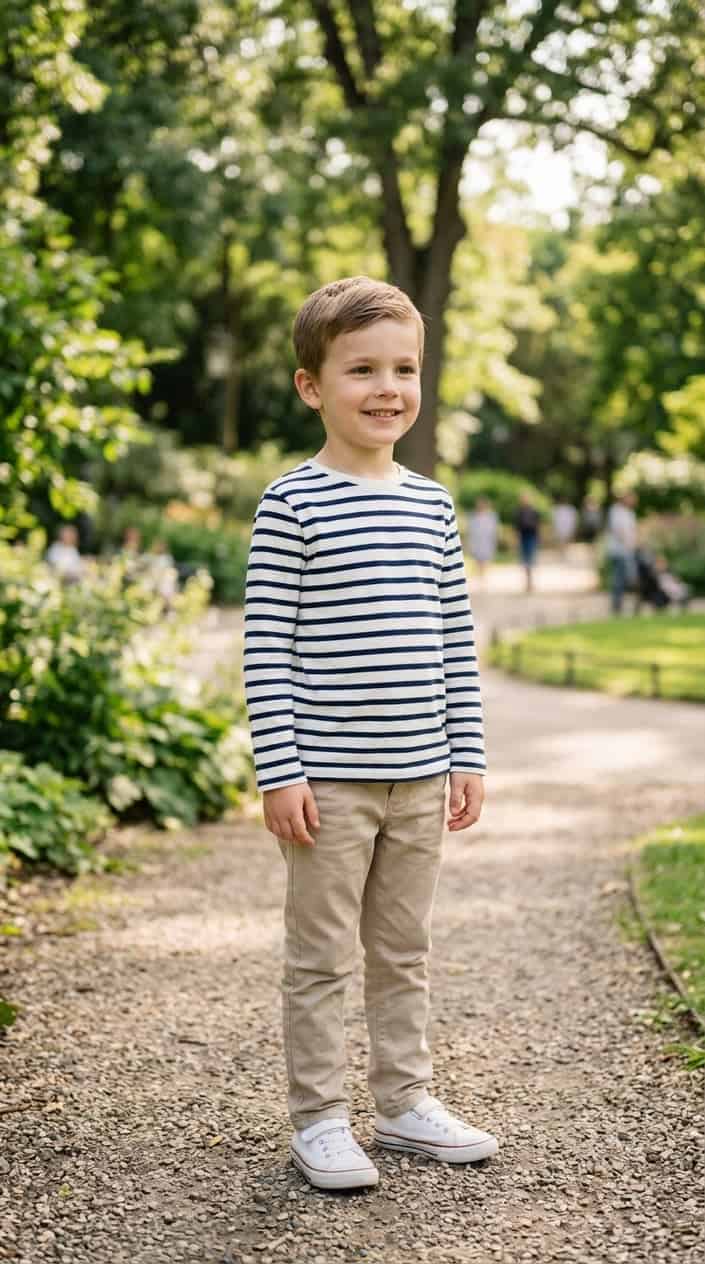 A young boy wearing a striped navy and white shirt standing outdoors with a green background.