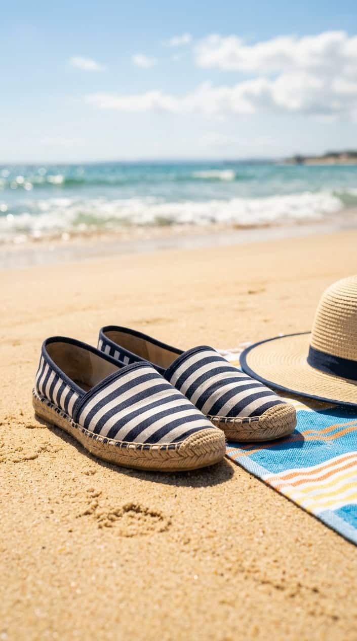 Striped espadrille flats resting on sandy beach with ocean waves in the background.