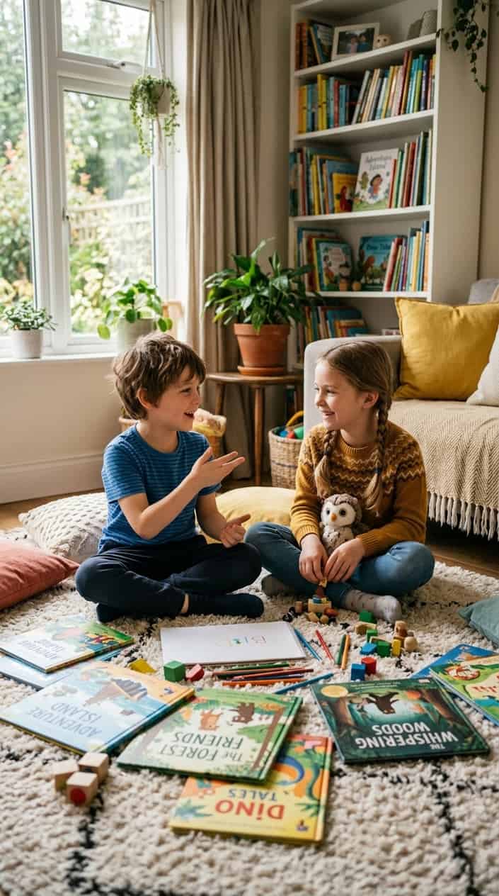 Two siblings sitting on the floor together, happily sharing a story idea with books and toys around them.