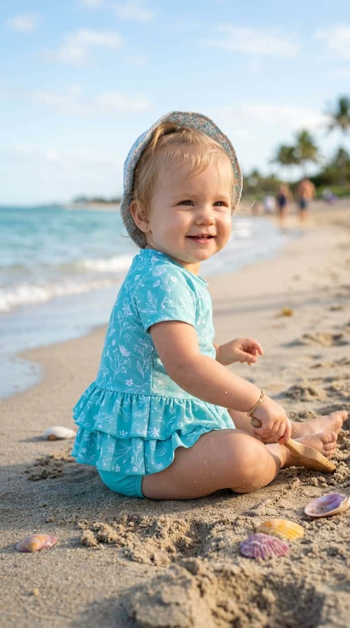 A baby wearing a soft, sun-protective swim dress with a ruffle hem outdoors on a sunny day.