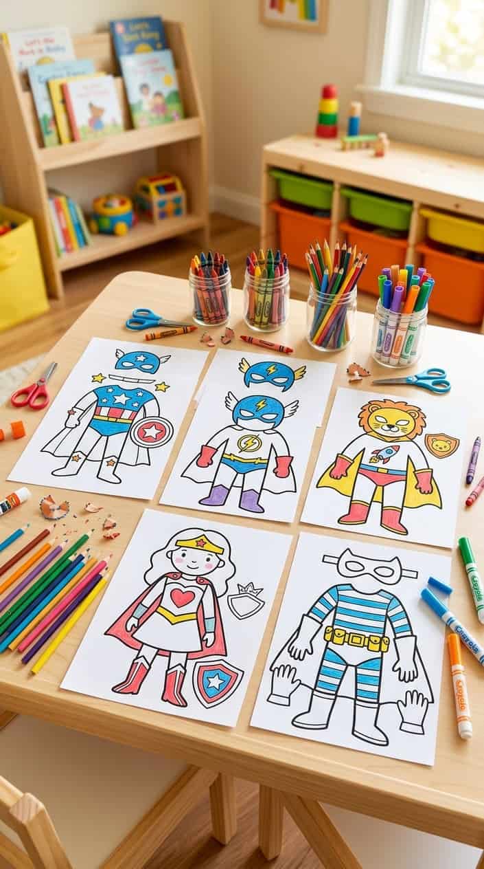 24 Free Printable Coloring Pages That Actually Hold a Kid's Attention 6 A table with superhero costume templates, coloring tools, and paper sheets arranged for a children's craft activity.