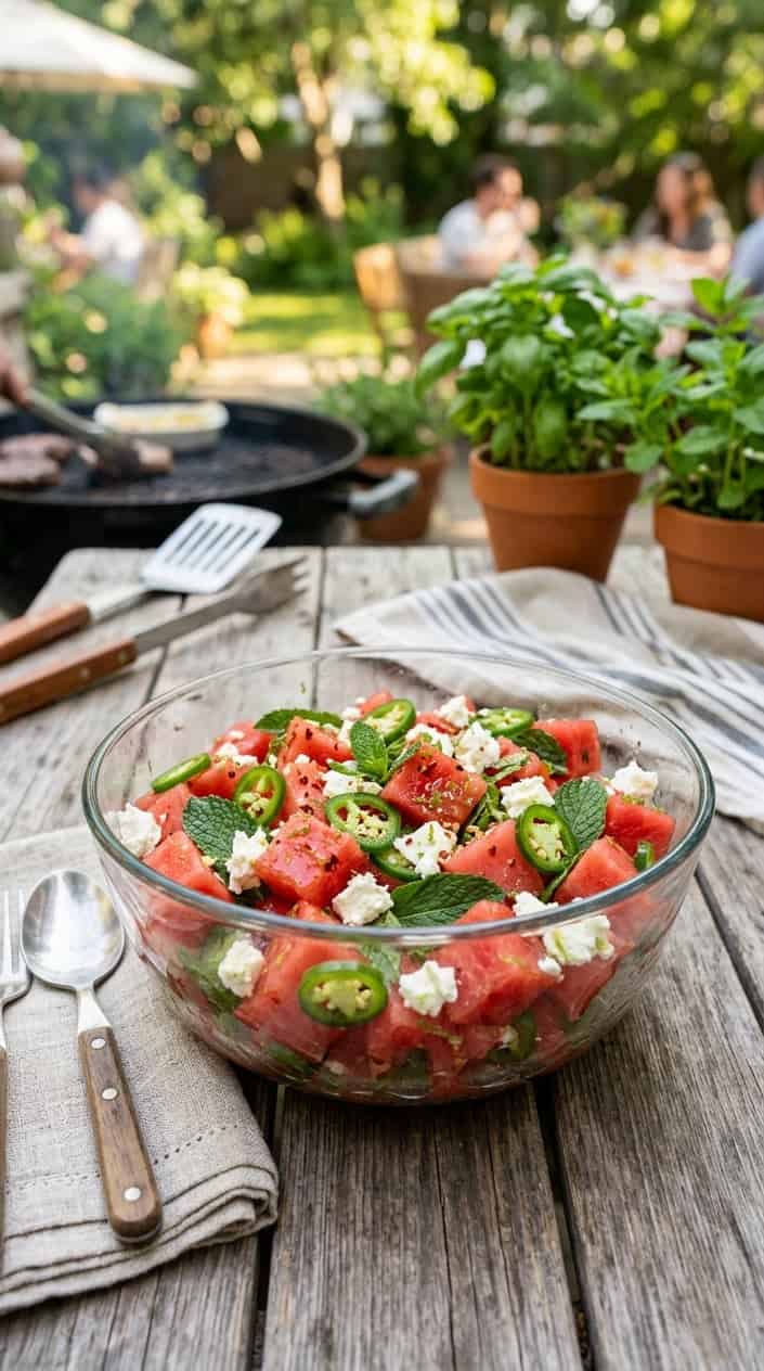 A bowl of watermelon salad with jalapeños, mint, and feta cheese on a wooden table in an outdoor setting.