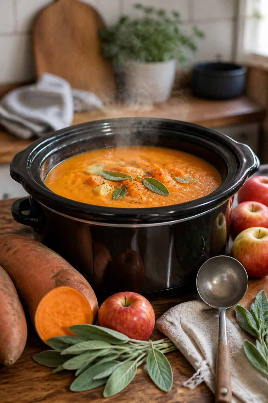 A crockpot filled with steaming sweet potato, apple, and sage soup on a wooden countertop surrounded by fresh sweet potatoes, apples, and sage leaves.