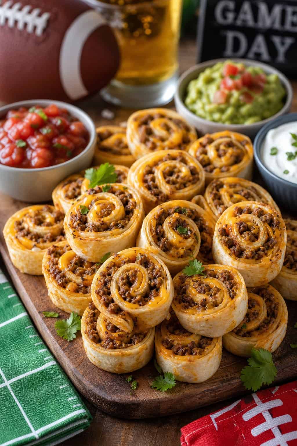 A platter of taco-seasoned beef and cheddar pinwheel appetizers showing seasoned ground beef and melted orange cheddar filling inside sliced flour tortilla rolls, with small dipping sauce bowls on a wooden board.