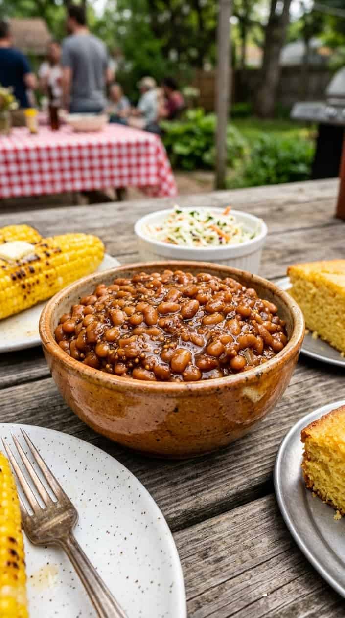 BBQ Side Dishes for a Memorial Day Cookout 6 A bowl of baked beans in thick sauce on a wooden table surrounded by BBQ side dishes like corn, coleslaw, and cornbread.