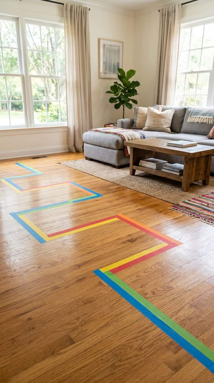 A tape-marked balance beam on a wooden living room floor surrounded by furniture and natural light.