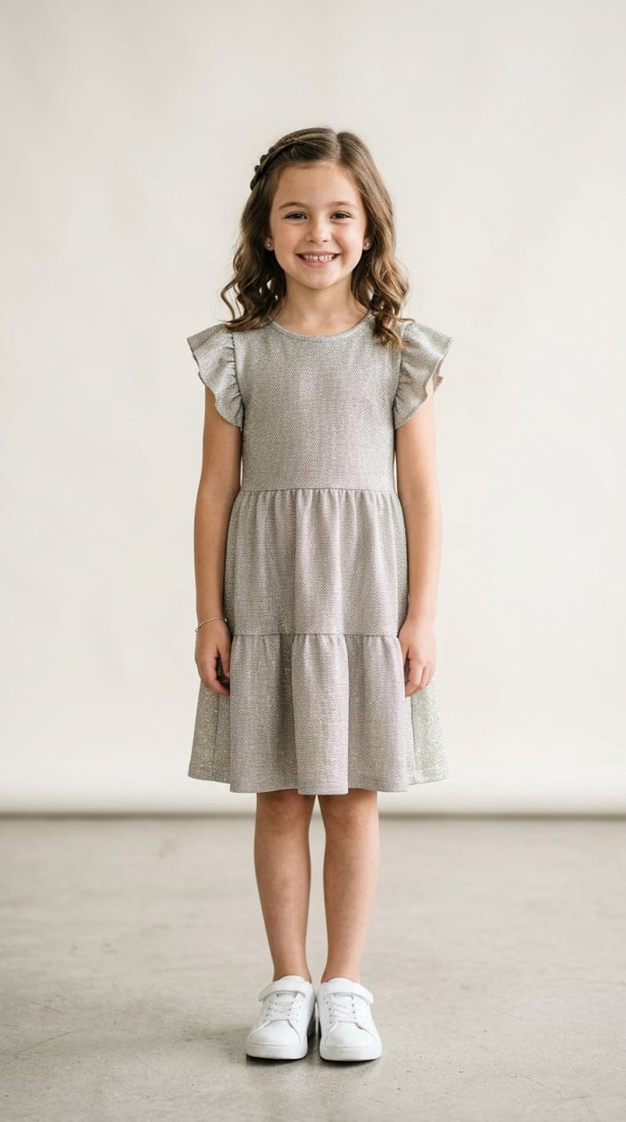 A young girl wearing a metallic knit dress stands smiling in a bright studio with a plain background.