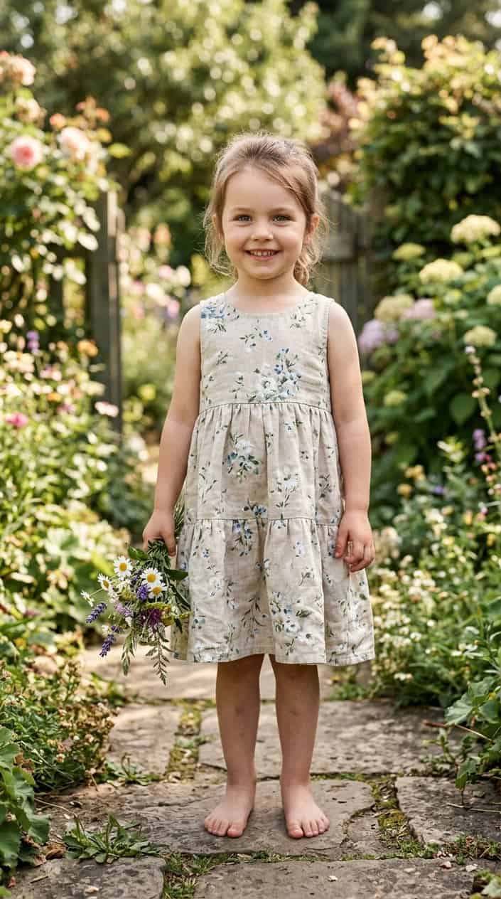 Comfortable Children's Dresses That Still Look Nice 22 A young child standing outdoors in a light-colored sundress, smiling in a green garden setting.