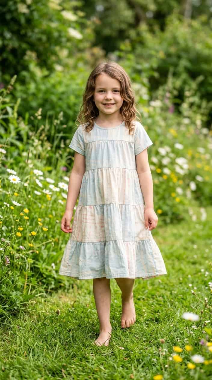 Comfortable Children's Dresses That Still Look Nice 2 A young girl standing outdoors wearing a soft tiered cotton dress, smiling gently with greenery in the background.