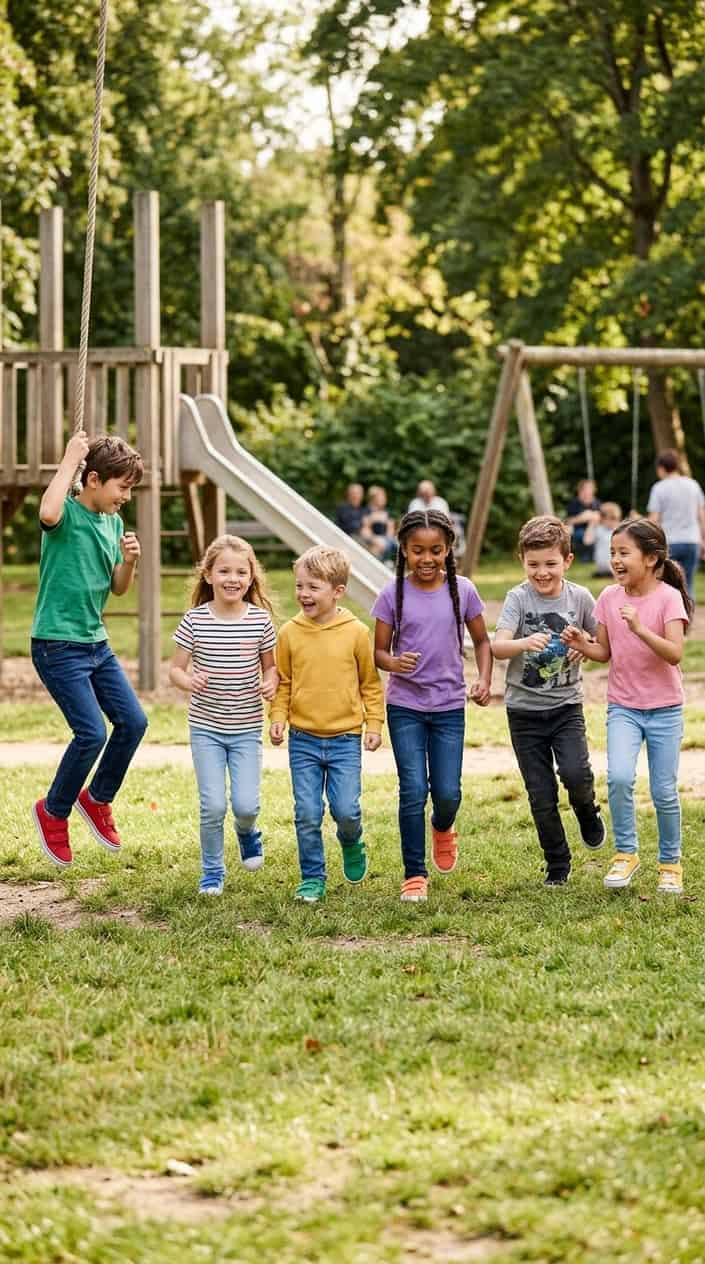 Durable Kids' Clothes for Everyday Wear 5 A group of children playing outdoors wearing comfortable stretch jeans.