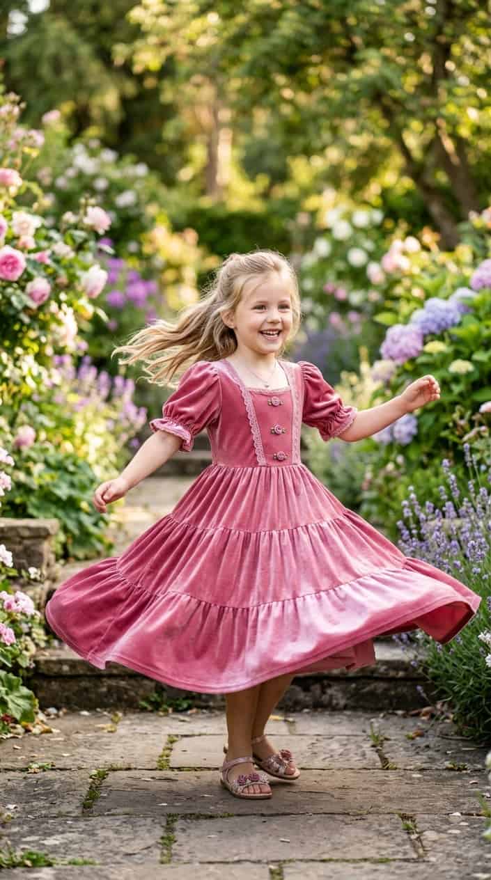 A young girl twirling outdoors wearing a rose-colored princess dress with puffed sleeves, surrounded by greenery and flowers.