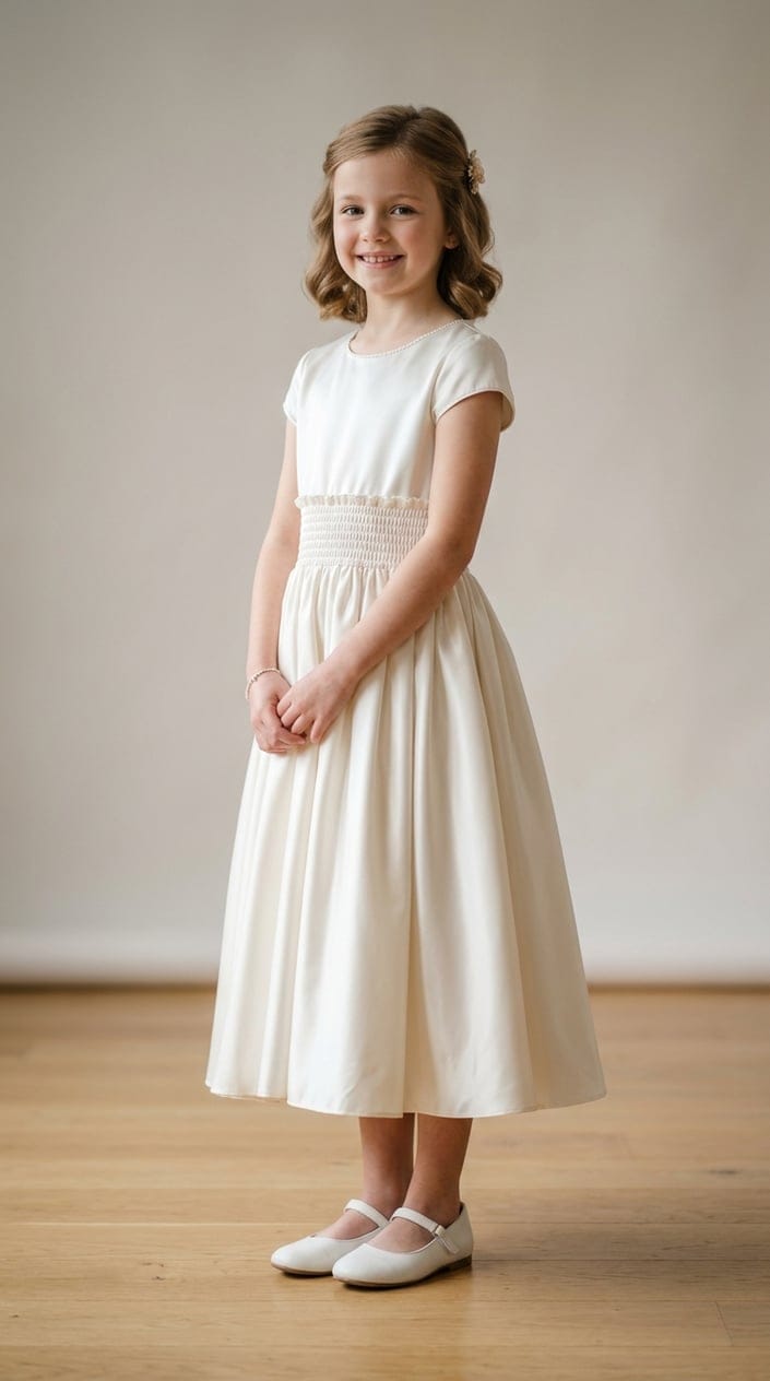 A young girl standing and wearing a tea-length satin dress with a gathered waist in a softly lit studio.