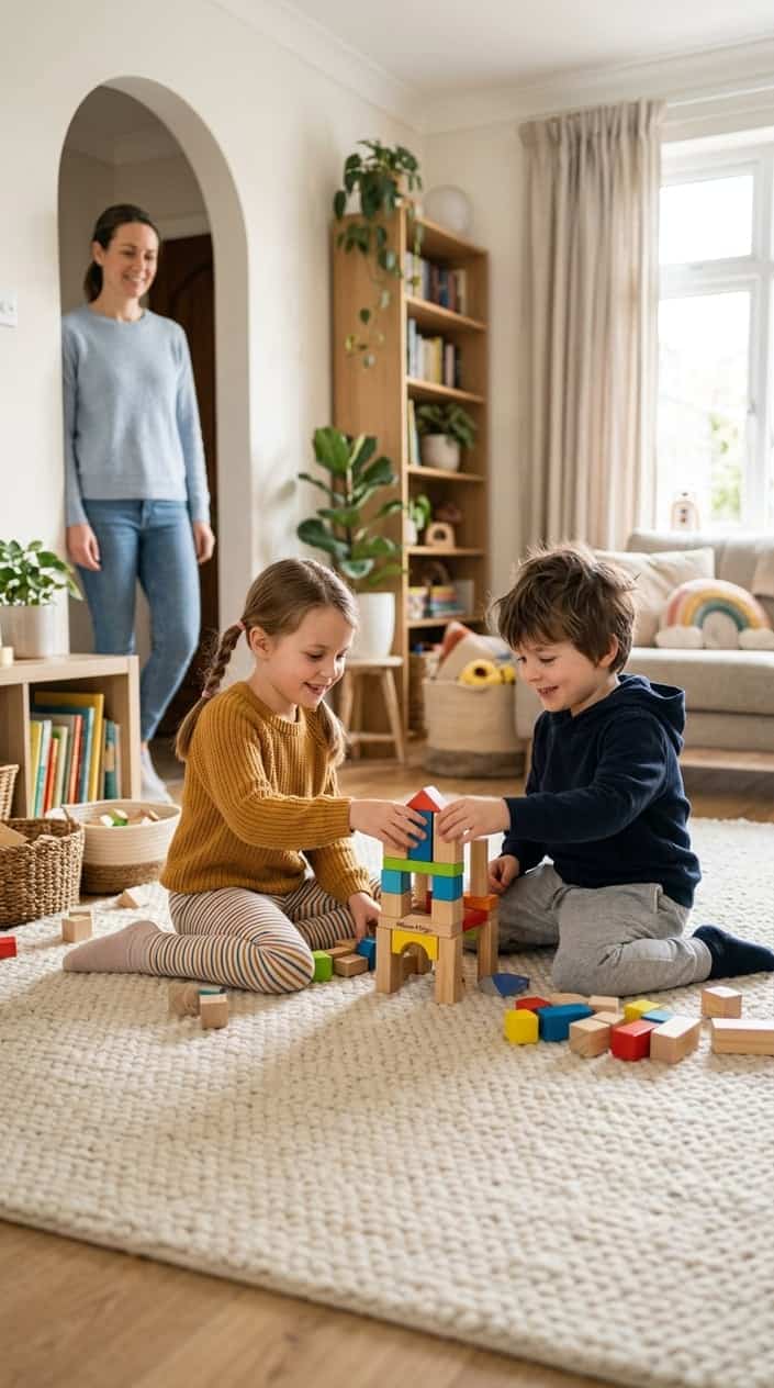 Two young children playing cooperatively with building blocks on a rug while an adult quietly steps out of the room, giving them space.