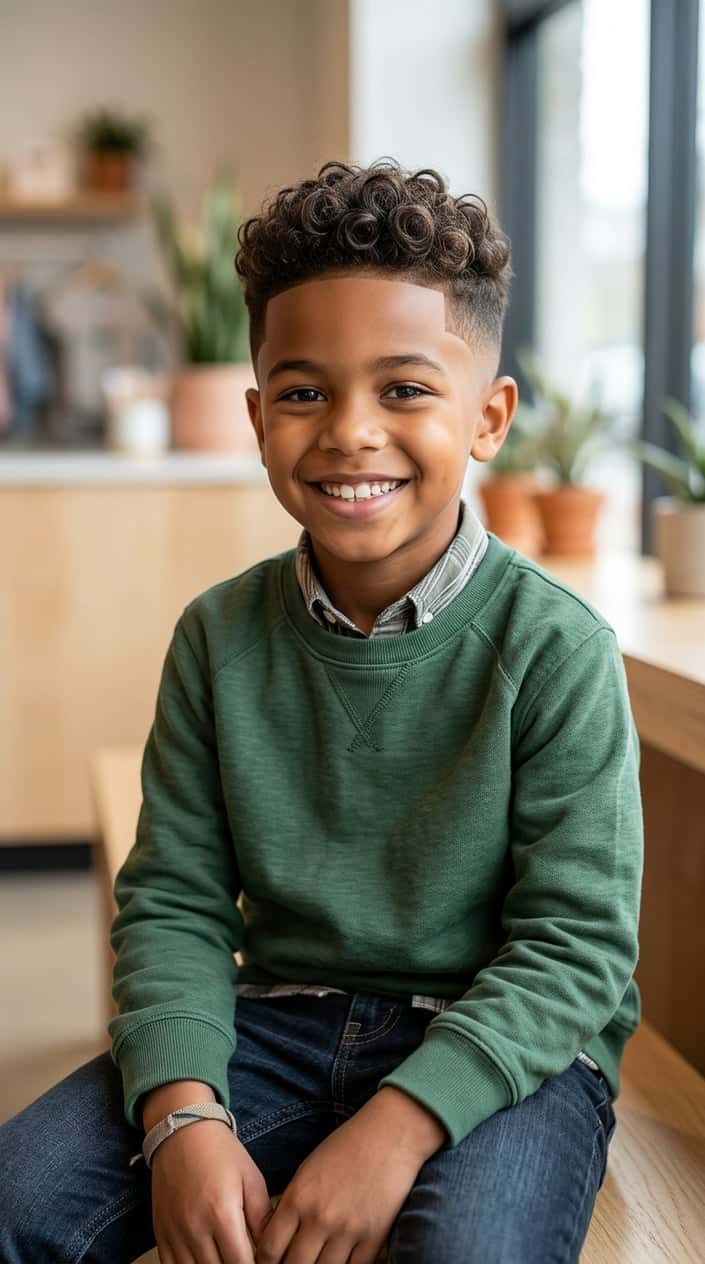 A young boy with curly hair and a fade haircut smiling against a neutral background.