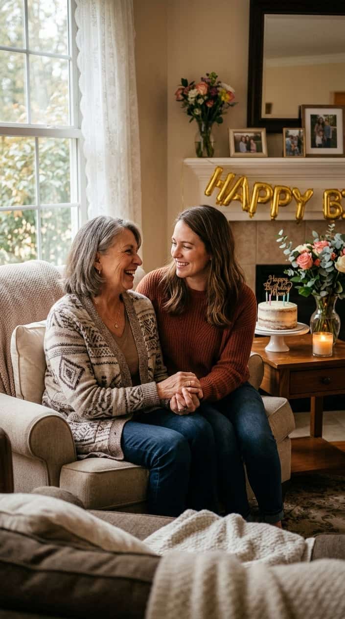 A mother and adult daughter sitting together, holding hands and smiling warmly at each other in a cozy room with birthday decorations.