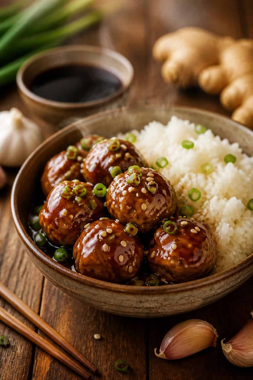A bowl of teriyaki meatballs with rice, garnished with green onions and sesame seeds, on a wooden table with fresh ingredients nearby.