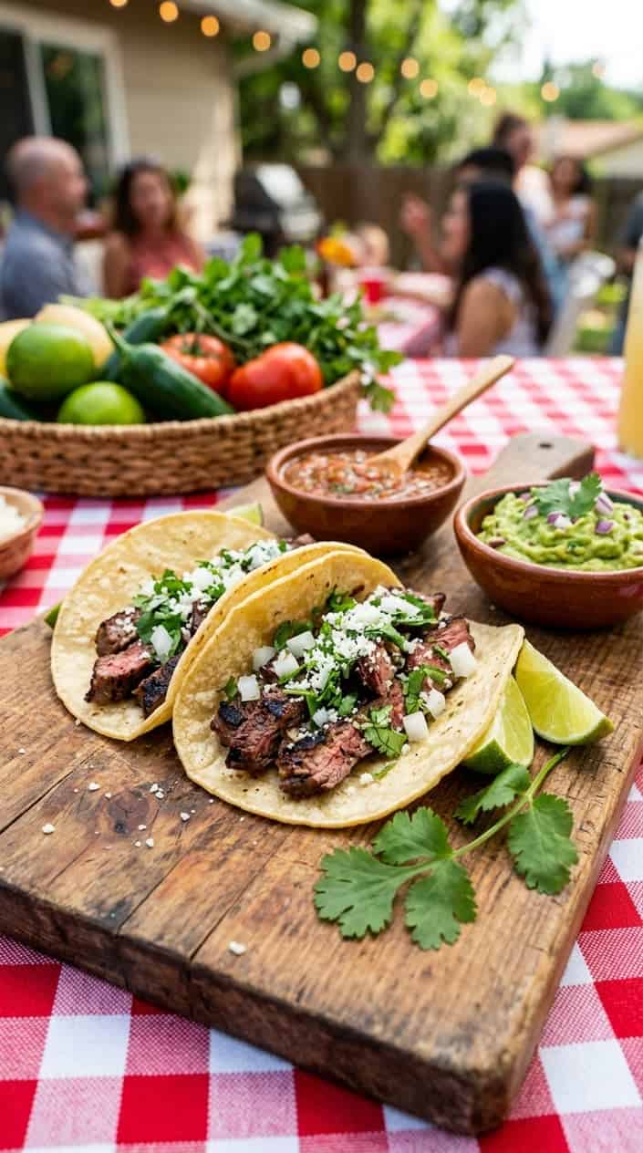 Three carne asada tacos on a wooden board with salsa, guacamole, and lime wedges.
