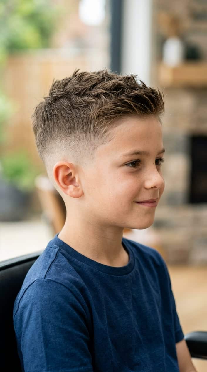 Young boy with a textured haircut and faded sides looking slightly to the side against a blurred background.