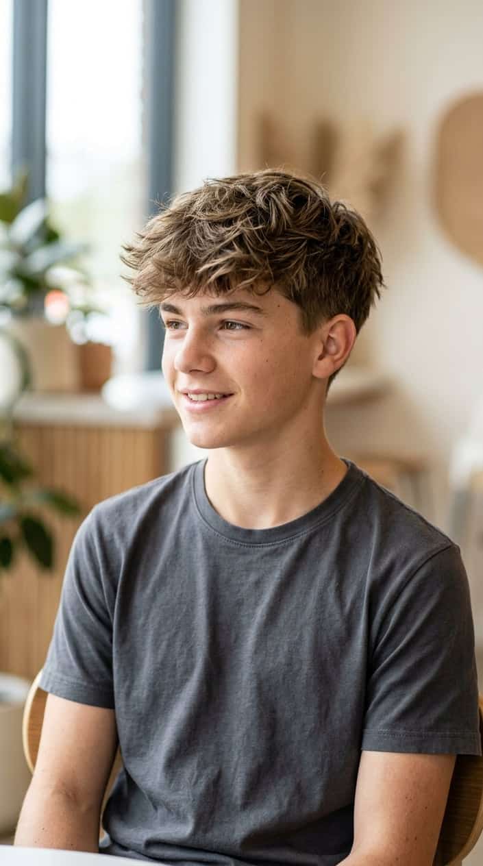Teenage boy with short textured hair and a tousled fringe looking slightly to the side against a blurred neutral background.
