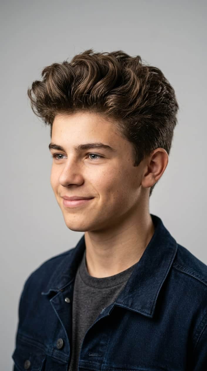 Portrait of a teenage boy with a voluminous hairstyle looking slightly to the side against a plain background.