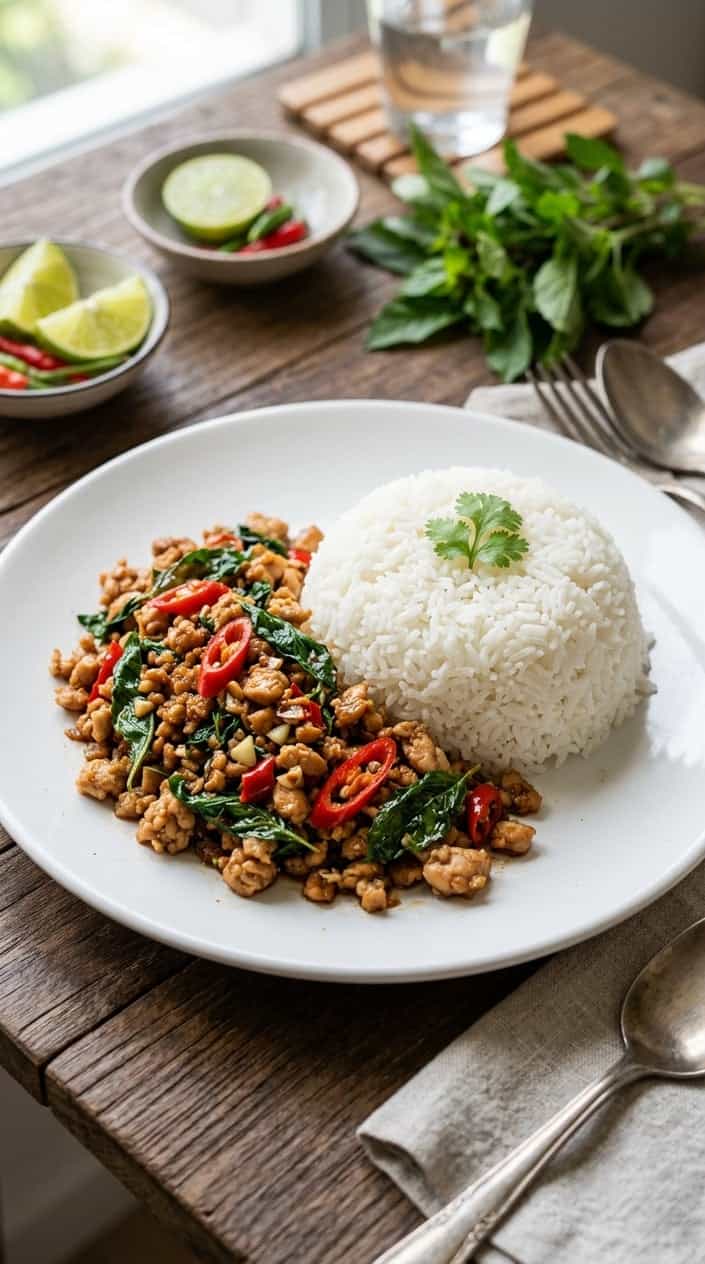 A plate of Thai basil ground chicken with jasmine rice on a wooden table, garnished with fresh basil and red chili slices.