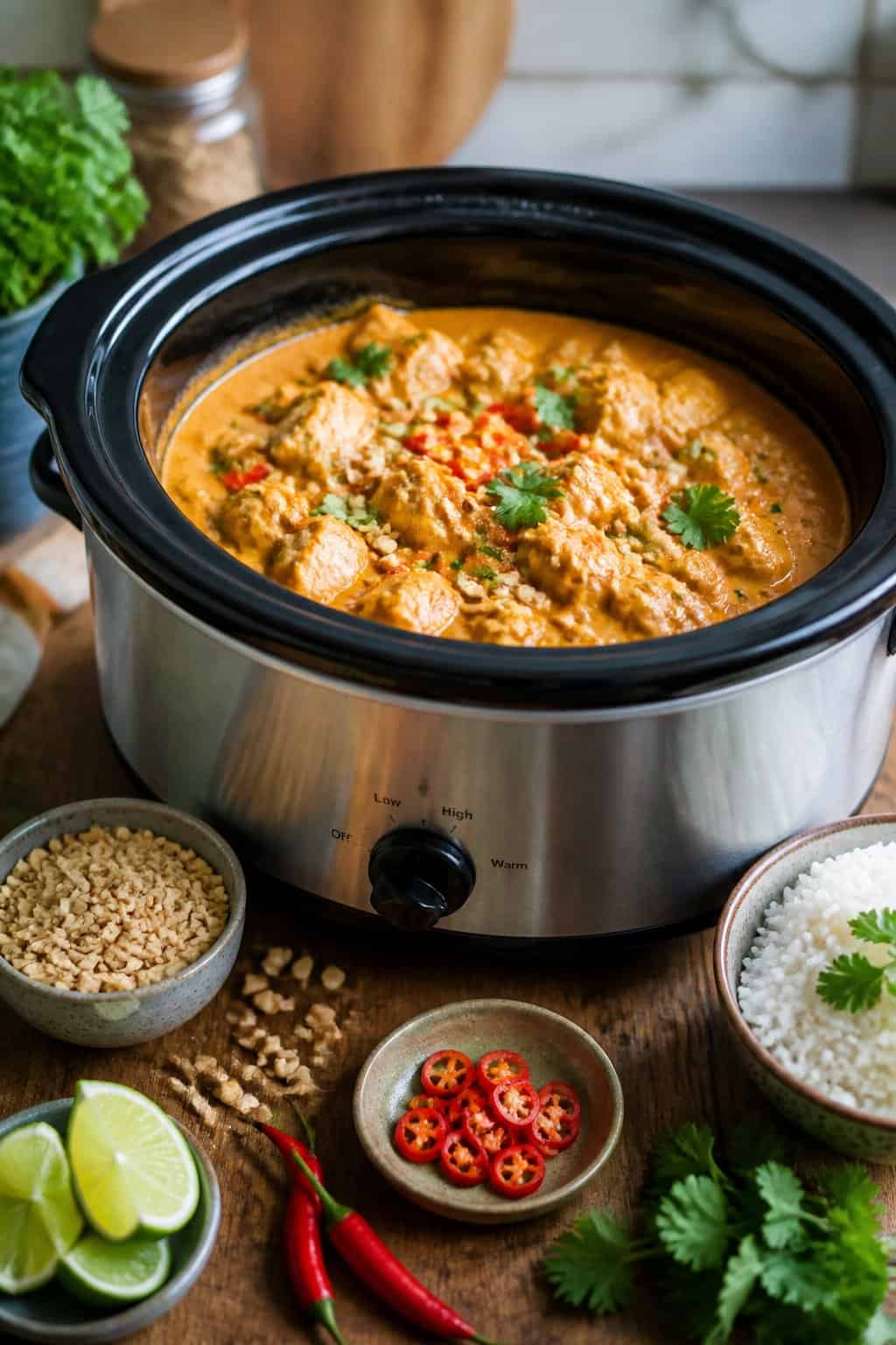 A slow cooker filled with Thai peanut chicken surrounded by fresh ingredients on a wooden table.