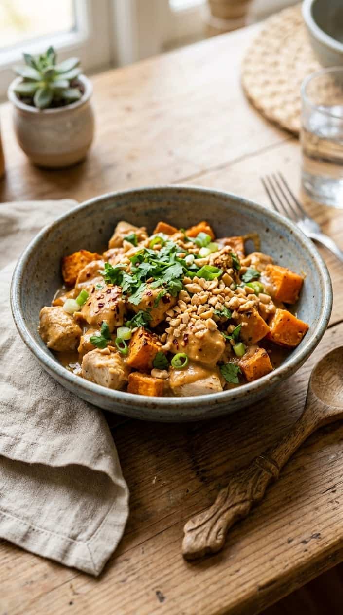 Bowl of Thai peanut chicken with roasted sweet potatoes garnished with cilantro and peanuts on a wooden table.