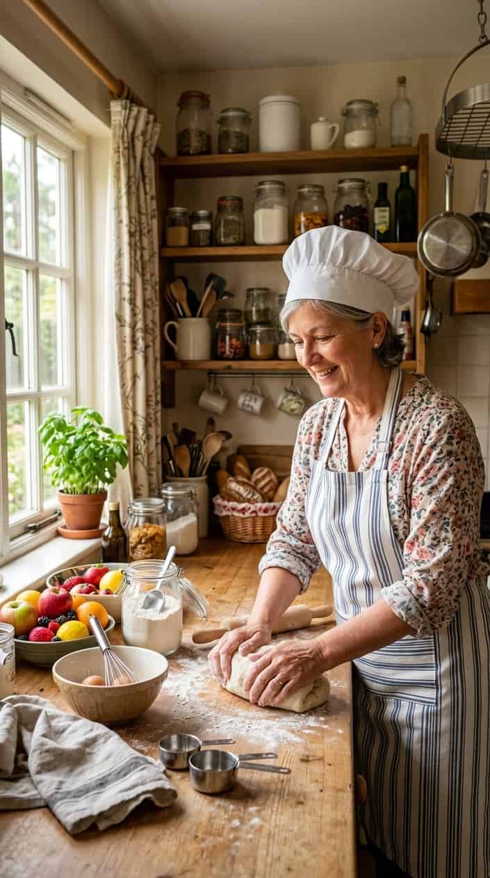 A friendly baker kneading dough on a wooden countertop in a cozy kitchen with baking ingredients and shelves in the background.
