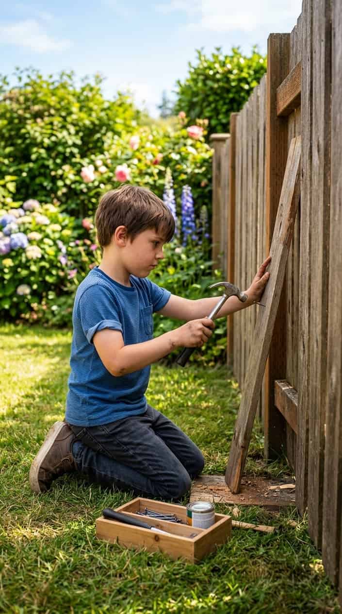A young boy repairing a wooden fence in a sunny backyard surrounded by grass and flowers.