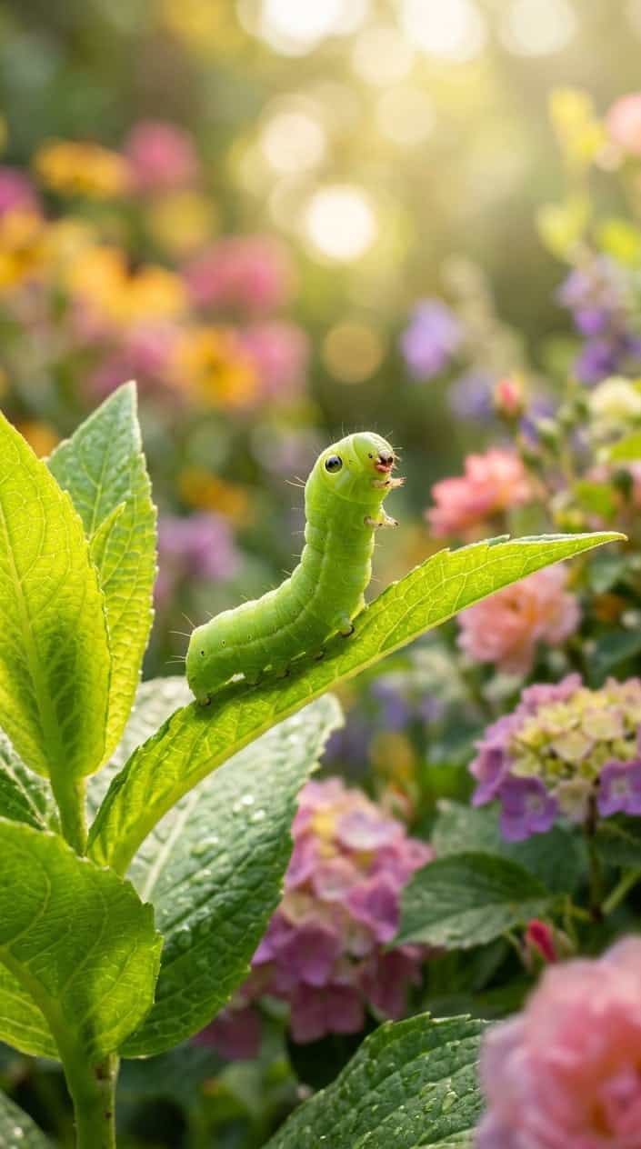 A small green caterpillar on a leaf looking upwards in a bright garden with flowers and sunlight.