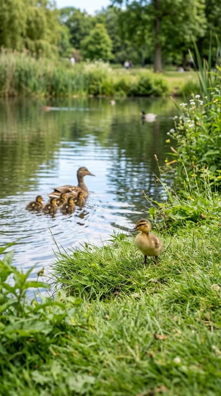 A young duckling standing alone near a pond, separated from a group of ducklings following a mother duck.