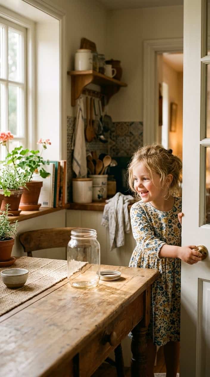 A child opening a kitchen door with a surprised expression while an empty glass jar sits on a wooden table nearby.