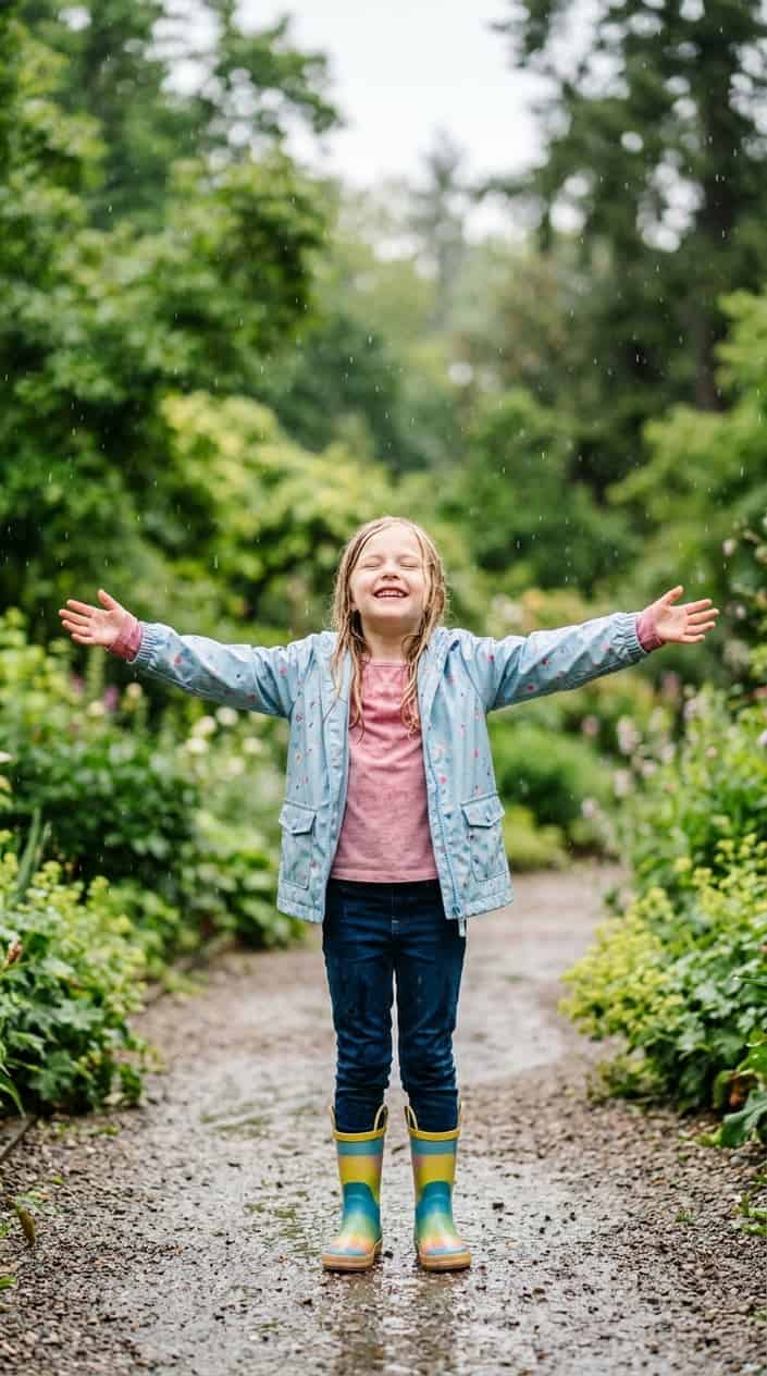 A young girl smiling and standing with arms outstretched in a gentle rain outdoors.