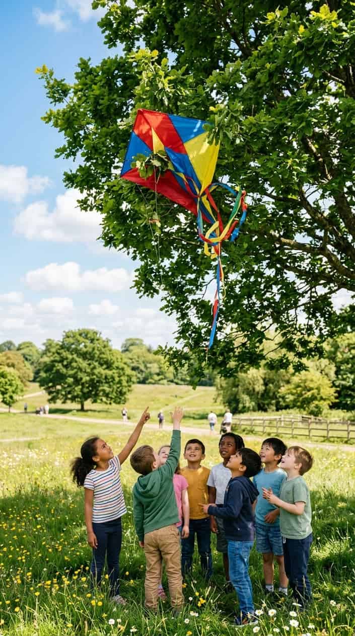 A colorful kite tangled in a tree with children looking up and trying to help in a sunny park.