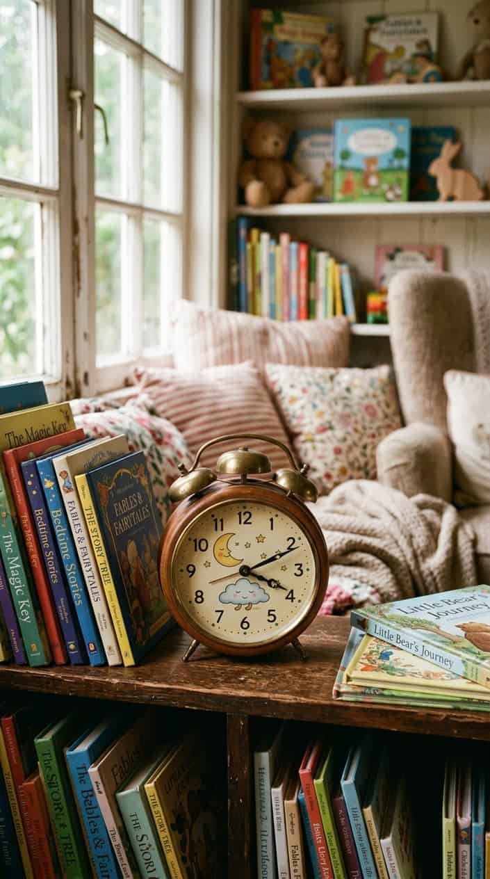 A small vintage clock on a wooden table surrounded by children's storybooks in a cozy reading nook with soft natural light.