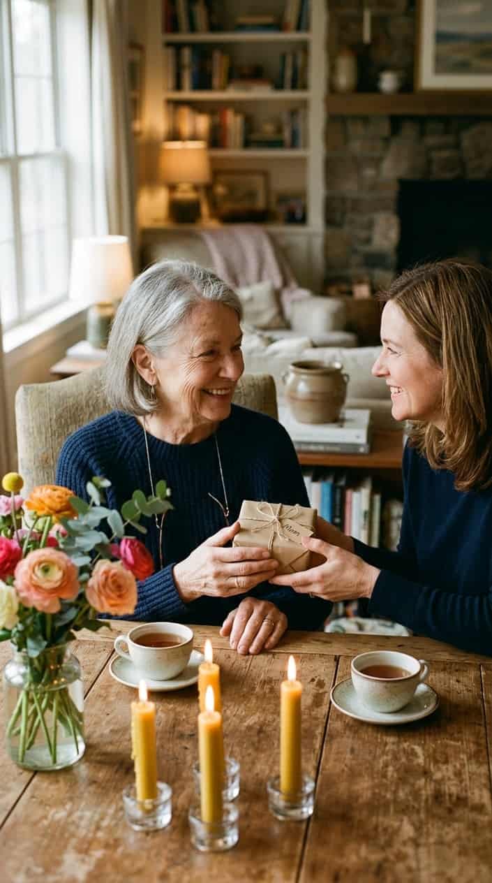 A mother and adult child sharing a tender moment as the child gives her a small gift at a cozy table with candles and flowers.