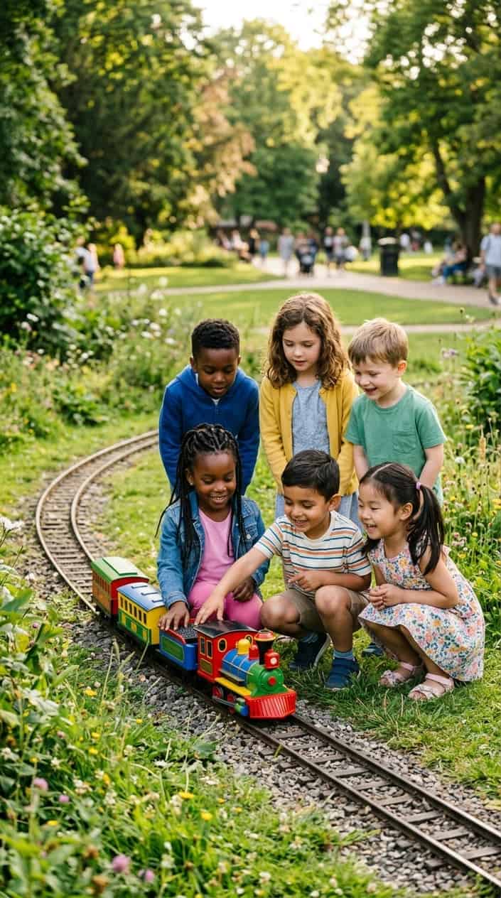 A small toy train stopped on tracks with a group of young children gathered around it, smiling and interacting.