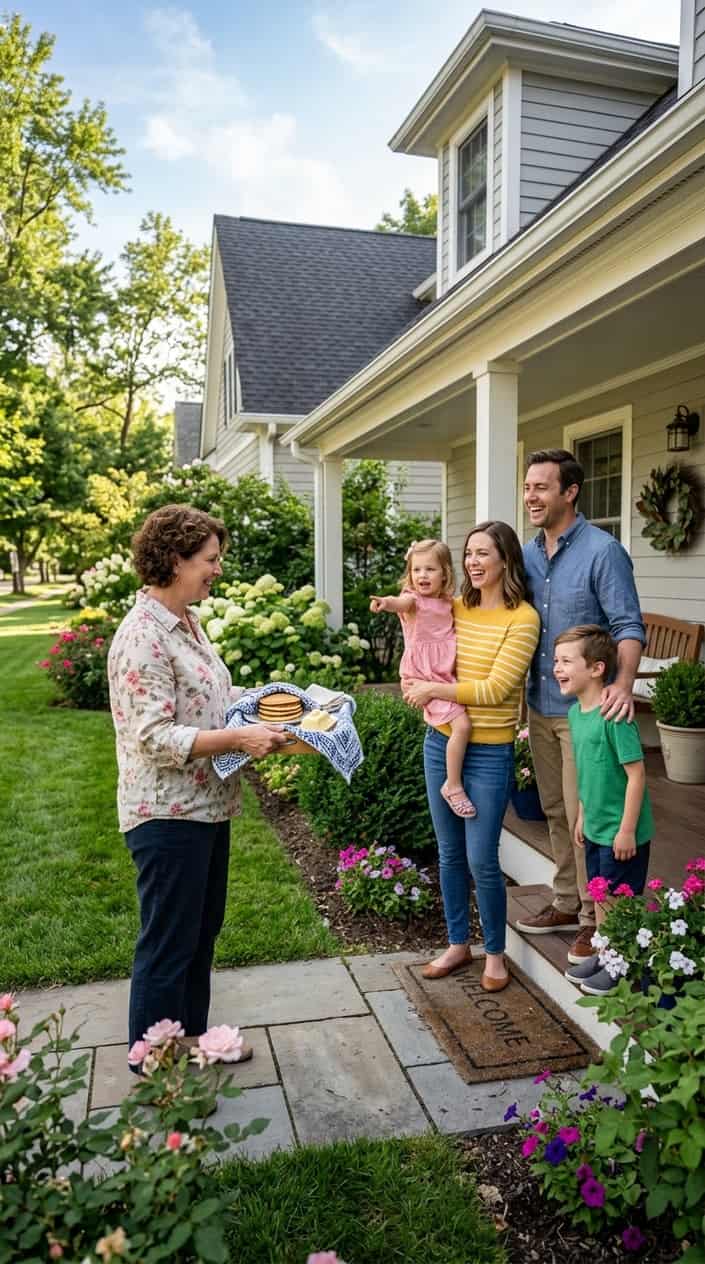 A woman carrying hotcakes approaches a smiling family at their front door in a sunny neighborhood.