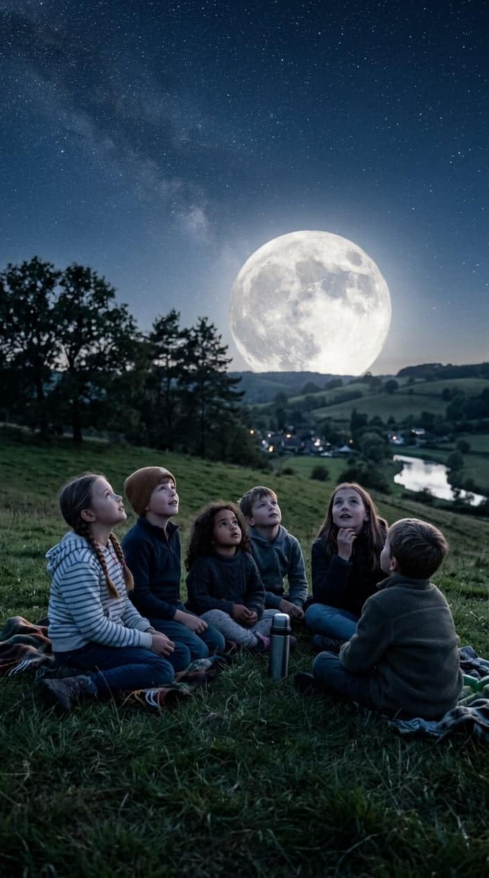 Children sitting on a grassy hill at night, looking up at a large glowing full moon in a clear starry sky.