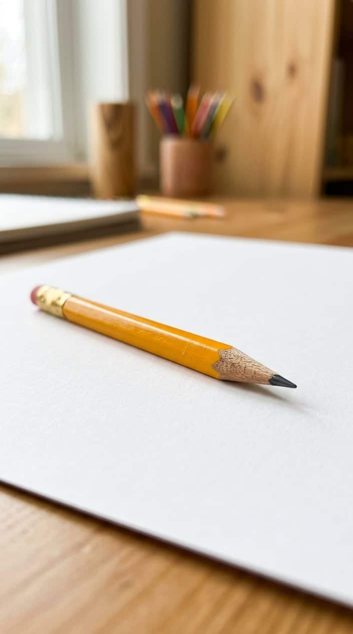 A close-up of a sharpened yellow pencil resting on a white sheet of paper on a desk.