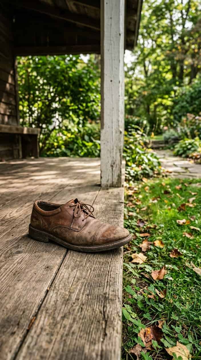 A single worn shoe resting under a wooden porch with grass and leaves nearby.