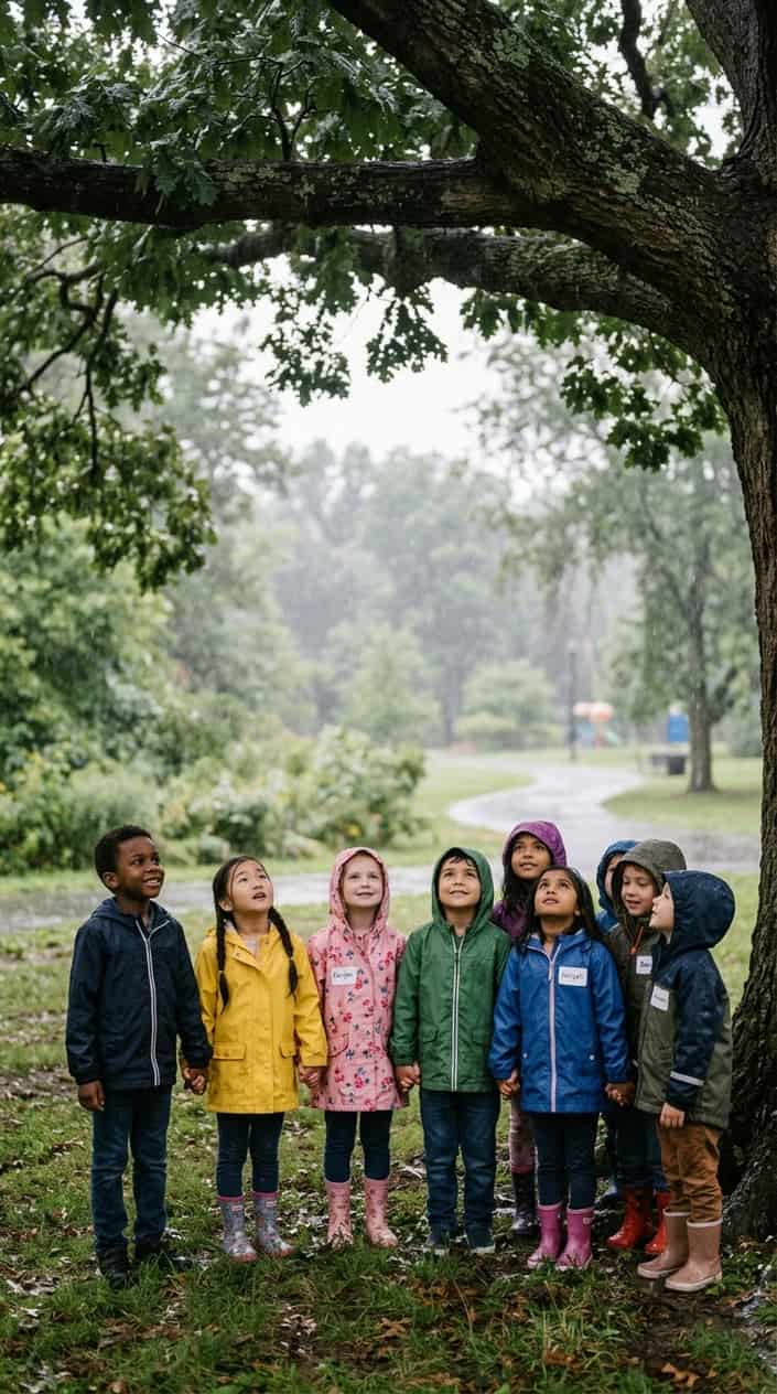 A group of children standing together under a tree in light rain, looking up at the sky with calm and thoughtful expressions.