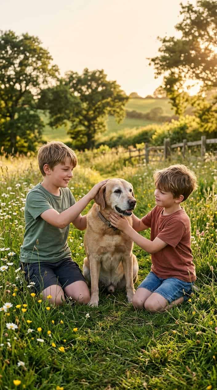 Two young brothers sitting outdoors with an old dog between them, surrounded by grass and trees.
