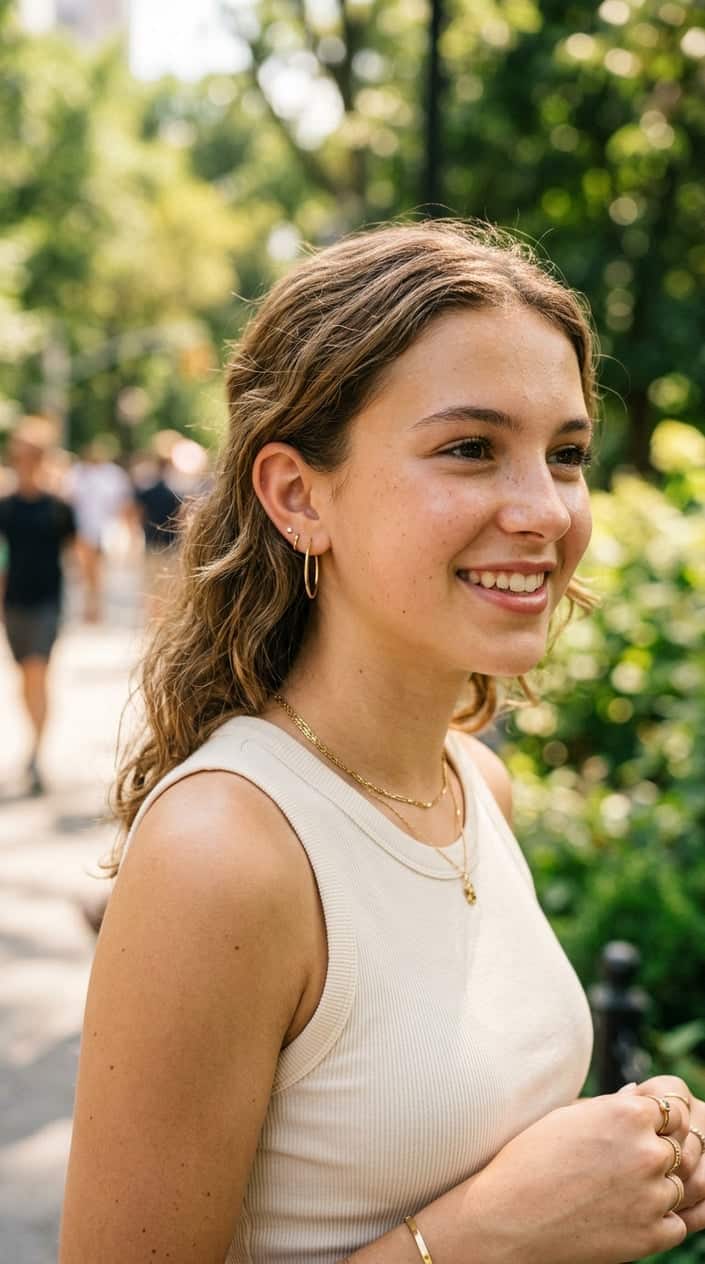 Close-up of a teenage girl wearing thin gold hoop earrings outdoors on a sunny summer day.