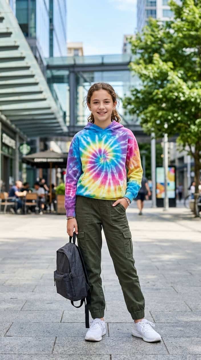 A tween wearing a colorful tie-dye hoodie and cargo joggers standing outdoors with a confident smile.