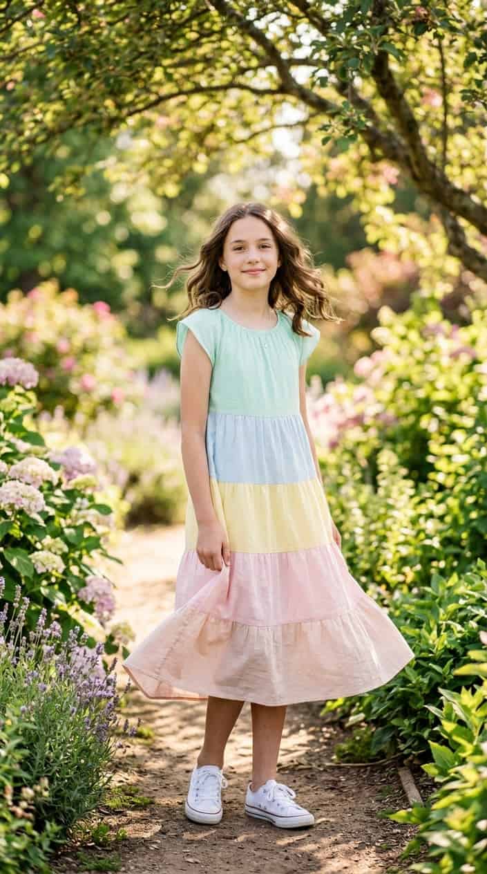 Modest Summer Dresses for Tweens 2 A young girl wearing a tiered midi dress stands outdoors in a garden on a sunny day, smiling gently with greenery in the background.