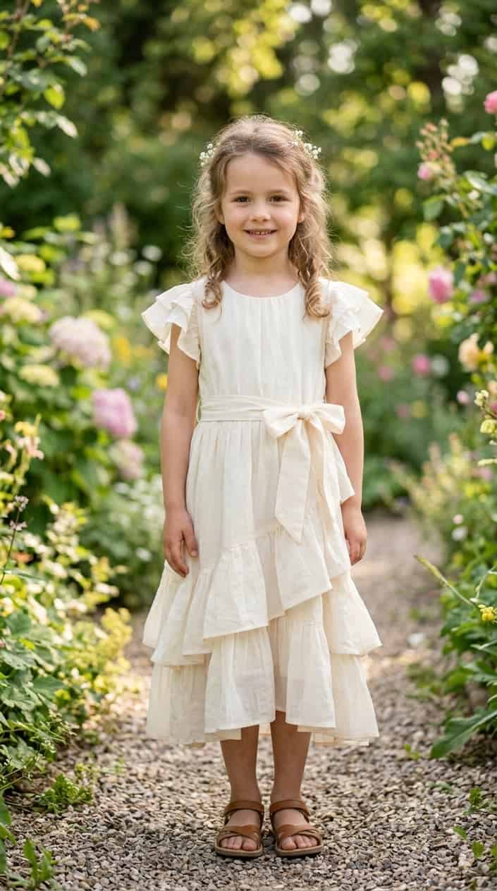 Boutique-Style Dresses for Little Girls on a Budget 3 A young girl standing outdoors wearing a light tiered dress with a tied sash, smiling gently with greenery in the background.