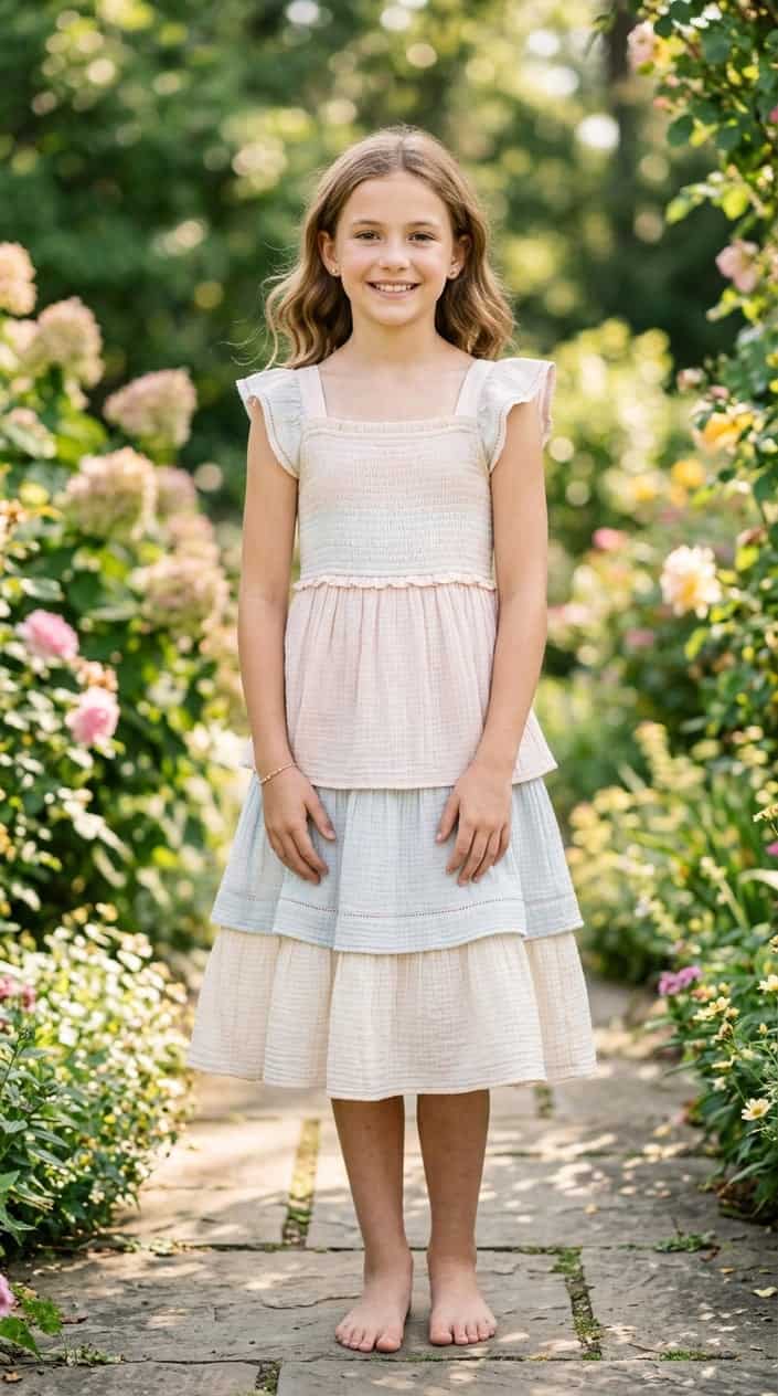 A young girl standing outdoors wearing a light tiered dress with a square neckline, smiling gently with green plants in the background.